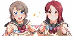  2girls :d absurdres blue_eyes blush bow bowtie double-breasted grey_hair hair_ornament hairclip half_updo highres holding long_hair long_sleeves looking_at_viewer love_live! love_live!_sunshine!! multiple_girls open_mouth red_hair red_neckwear sakurauchi_riko school_uniform serafuku short_hair smile star string_of_flags upper_body uranohoshi_school_uniform watanabe_you yellow_eyes yuchi_(salmon-1000) 