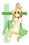  2019 animal_crossing anthro breasts canid canine canis clothed clothing domestic_dog female fur hair isabelle_(animal_crossing) legwear mammal nintendo nipples pussy shih_tzu smile solo soupbag stockings tongue tongue_out video_games yellow_fur 