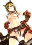  alternate_costume animal_print armor belt bikini breasts brown_eyes brown_hair djeeta_(granblue_fantasy) fake_horns from_below front-tie_top gauntlets granblue_fantasy gustav_(telomere_na) large_breasts looking_at_viewer navel ogre_(granblue_fantasy) short_hair simple_background solo swimsuit underboob zebra_print 