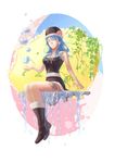  black_footwear blue_hair boots breasts bubble cleavage closed_eyes fairy_tail flower folie_(cac82622) fur_boots hair_flower hair_ornament hat heart_bubbles highres ivy juvia_lockser medium_breasts plant sitting smile solo tattoo 