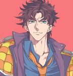  battle_tendency blue_eyes brown_hair closed_mouth jojo_no_kimyou_na_bouken joseph_joestar_(young) kock_k looking_at_viewer male_focus portrait red_background simple_background smile solo 