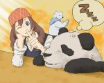  1girl bandanna bear blue_eyes braid brown_hair long_hair panda panda_(shirokuma_cafe) polar_bear sasako_(shirokuma_cafe) shirokuma_(shirokuma_cafe) shirokuma_cafe smile sumikarasu twin_braids 