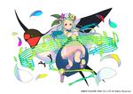  2015 animal bare_shoulders barefoot beamed_eighth_notes bird blue_gloves braid breasts dress eighth_note elbow_gloves floating_hair flower full_body gloves green_hair grin hair_flower hair_ornament head_wreath large_breasts leaf long_hair mugen_knights musical_note nagisa_kurousagi outstretched_arms petals quarter_note red_eyes simple_background smile solo square_enix staff_(music) swallow thumbelina_(mugen_knights) treble_clef white_background white_dress 