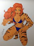  anthro bikini black_fur black_stripes clothed clothing crouching feline female fur green_eyes hair humanoid long_hair looking_at_viewer mammal marvel multicolored_fur omitrix orange_fur orange_hair simple_background solo stripes swimsuit tiger tigra traditional_media_(artwork) two_tone_fur white_background 