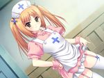  1girl akira_(usausa) blush fortuna_cursa game_cg garter_straps lime_(company) maximum_magic nurse skirt skirt_lift solo thighhighs twintails 