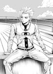  abs baitu boat cloud greyscale hatching_(texture) highres jojo_no_kimyou_na_bouken looking_away male_focus monochrome necktie ocean pannacotta_fugo sitting sky solo watercraft 