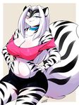  bare_shoulders big_btreasts blue_eyes chalo cleavage clothed clothing female hands_on_hip looking_at_viewer mammal midriff skunk solo standing white_hait zig_zag 