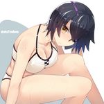  bikini black_hair blush breasts cleavage eyepatch halterneck kantai_collection large_breasts purple_hair short_hair solo sts swimsuit tenryuu_(kantai_collection) twitter_username wet yellow_eyes 