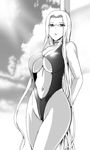  arms_behind_back breasts collar fate/stay_night fate_(series) front_zipper_swimsuit glasses greyscale kumoi_takashi large_breasts long_hair looking_at_viewer meme_attire monochrome one-piece_swimsuit rider solo swimsuit very_long_hair 
