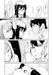  1boy 2girls blood clenched_teeth close-up comic eye_contact face flying_sweatdrops greyscale indoors looking_at_another looking_away monochrome multiple_girls nakamura_(ryou) natsuzuka-san_no_himitsu natsuzuka_(ryou) on_floor page_number pants ryou shirt short_sleeves smile speech_bubble spoken_ellipsis table teeth tile_floor tiles translation_request upper_body wavy_mouth 