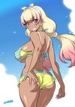  amanogawa_kirara artist_name ass bikini bikini_tan blonde_hair blue_eyes blush breasts covered_nipples earrings fingernails ganguro gigantic_breasts go!_princess_precure grin jewelry joy_ride layered_bikini long_hair looking_at_viewer multicolored_hair nail_polish pink_hair pink_nails precure smile solo star star_earrings swimsuit tan tanline twintails two-tone_hair wide_hips 