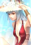  breasts clock flower grey_hair hat hat_flower long_hair lotus_(elico) no_eyewear puzzle_&amp;_dragons realistic red_eyes red_swimsuit small_breasts smile solo sun_hat swimsuit urd_(p&amp;d) 