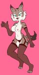  armwear breasts brown_fur chest_tuft clothing elbow_gloves feline female fur gloves green_eyes hi_res inner_ear_fluff legwear lynx mammal miscon nipples open_mouth pink_background simple_background solo stockings striped_fur stripes tan_fur tuft zeha 