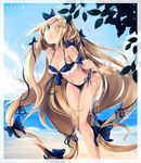  argyle argyle_bikini armband arms_behind_back bare_legs bare_shoulders beach bikini blonde_hair blue_eyes bow collarbone day hair_bow hair_over_one_eye hair_ribbon hairband leaf leaning_forward long_hair looking_at_viewer navel oyeung pandora_(p&amp;d) puzzle_&amp;_dragons ribbon shadow side-tie_bikini simple_background smile solo swimsuit very_long_hair 