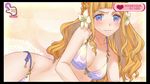  bikini blonde_hair blue_eyes blush border breasts brigitta_(luminous_arc) female gradient gradient_background hair_ornament large_breasts laying looking_at_viewer luminous_arc luminous_arc:infinity lying on_side solo swimsuit 