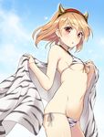  :o alternate_costume animal_print bare_shoulders bikini blonde_hair blush breasts brown_eyes djeeta_(granblue_fantasy) eyebrows eyebrows_visible_through_hair fake_horns from_side front-tie_top granblue_fantasy headband highres looking_at_viewer navel ogre_(granblue_fantasy) short_hair side-tie_bikini small_breasts solo souryuu swimsuit underboob zebra_print 