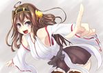  ahoge breasts commentary_request detached_sleeves fang headgear highres kantai_collection kongou_(kantai_collection) large_breasts looking_at_viewer open_mouth pointing skirt solo yotunoha 