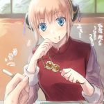  1girl blonde_hair blue_eyes da_raku dango double_bun eyebrows_visible_through_hair food gintama holding indoors kagura_(gintama) long_sleeves looking_at_viewer parted_lips short_hair short_over_long_sleeves short_sleeves sidelocks upper_body wagashi 