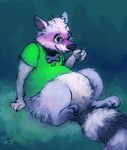  2015 bottomless clothed clothing collar eyewear fur glasses green_eyes half-dressed male mammal oddwilds purple_fur raccoon solo 