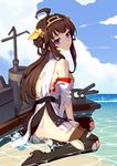  ahoge bare_shoulders black_legwear brown_hair cannon day double_bun japanese_clothes kantai_collection kongou_(kantai_collection) long_hair looking_at_viewer looking_back nontraditional_miko partially_submerged purple_eyes sitting solo thighhighs torn_clothes vmax-ver water yokozuwari 