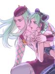  1girl arm_around_shoulder black_hair braid double_bun fishnets green_eyes green_hair halter_top halterneck hat jojo_no_kimyou_na_bouken kuujou_jolyne lipstick long_hair makeup multicolored_hair nail_polish narciso_anasui pink_lipstick reammara tattoo two-tone_hair wristband yellow_eyes yellow_lipstick yellow_nails 