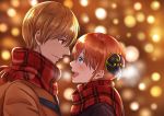  1boy 1girl :d blue_eyes blurry blurry_background blush brown_coat brown_hair coat couple eye_contact from_side gintama hair_bun highres kagura_(gintama) kuroneko_w1nter looking_at_another okita_sougo open_mouth red_eyes red_scarf scarf short_hair smile upper_body 