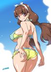  amanogawa_kirara artist_name ass bikini blush breasts brown_hair covered_nipples earrings go!_princess_precure grin huge_breasts jewelry joy_ride layered_bikini long_hair looking_at_viewer looking_back nail_polish pink_nails precure purple_eyes smile solo sparkle star star_earrings swimsuit twintails underboob 