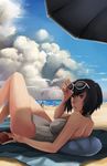  alternate_hair_length alternate_hairstyle back bad_deviantart_id bad_id beach black_hair blue_eyes book breasts cloud cloudy_sky day eyebrows eyewear_on_head frown highres kill_la_kill kiryuuin_satsuki lips looking_at_viewer looking_back lying medium_breasts nose on_back one-piece_swimsuit outdoors short_hair sky solo_focus sunglasses swimsuit thick_eyebrows whistle_frog white_swimsuit 