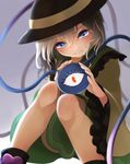  blue_eyes blurry boots crying crying_with_eyes_open eyeball gradient gradient_background hat hat_ribbon komeiji_koishi long_sleeves looking_down nemunemu_(bluelight5) ribbon shirt short_hair silver_hair sitting skirt solo string tears third_eye touhou wide_sleeves 