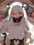  breasts cleavage commentary_request covered_mouth dress eyelashes glowing glowing_eyes hands_on_own_chest horns kantai_collection large_breasts long_hair looking_at_viewer midway_hime pale_skin red_eyes shadow shinkaisei-kan solo upper_body uwipi white_dress white_hair white_skin 