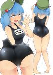  ass blue_eyes blue_hair blue_swimsuit blush breasts collarbone flanvia green_hat hair_bobbles hair_ornament hat highres kappa kawashiro_nitori kneepits knees_together_feet_apart large_breasts legs long_hair looking_at_viewer medium_hair multiple_views name_tag new_school_swimsuit object_insertion one-piece_swimsuit open_mouth pussy_juice school_swimsuit short_twintails shoulder_blades smile sweat swimsuit textless thighs tokin_hat touhou trembling twintails two_side_up vaginal vaginal_object_insertion vibrator vibrator_under_clothes waving 