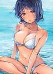  bad_id bad_pixiv_id bikini blue_eyes blue_hair blush breasts cleavage collarbone in_water large_breasts looking_at_viewer megumoke navel open_mouth original revision short_hair sitting solo swimsuit water wet white_bikini 