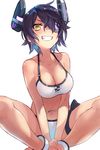  bikini daakuro eyepatch gloves grin headgear highres indian_style kantai_collection purple_hair short_hair sitting smile solo swimsuit tenryuu_(kantai_collection) yellow_eyes 