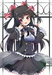  bassa black_hair bow dress hair_bow highres jewelry long_hair necklace open_mouth original red_eyes solo two_side_up 