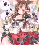  animal_ears bamboo bamboo_forest blush border breasts brooch brown_hair cleavage collarbone colored_pencil_(medium) dress fingernails forest imaizumi_kagerou jewelry large_breasts long_hair long_sleeves looking_at_viewer marker_(medium) nature off-shoulder_dress off_shoulder open_mouth potto red_eyes sample solo touhou traditional_media wolf_ears 