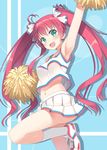  ahoge aqua_eyes arm_up armpits bare_shoulders blush breasts cheerleader commentary_request crop_top crop_top_overhang hair_ribbon hyuuga_azuri long_hair looking_at_viewer medium_breasts midriff navel open_mouth original pink_hair pom_poms ribbon shiny shiny_skin shoes skirt smile sneakers socks solo twintails white_legwear 