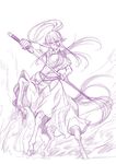  animal_ears breasts centaur centorea_shianus covered_nipples drawing_sword full_body hooves horse_ears horse_tail large_breasts long_hair misnon_the_great monochrome monster_girl monster_musume_no_iru_nichijou multiple_legs ponytail purple sheath sketch skirt sleeveless solo sword tail unsheathing very_long_hair weapon 