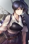  breasts brown_eyes brown_hair collarbone donarudo gradient gradient_background grey_background highres japanese_clothes kaga_(kantai_collection) kantai_collection large_breasts looking_at_viewer muneate quiver serious side_ponytail solo tasuki upper_body 