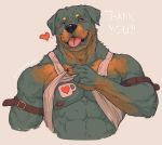  &lt;3 5_fingers abs areola belt belt_buckle biceps big_muscles black_and_tan black_fur black_nose blush brown_belt brown_fur canine chest_tattoo clothing dog english_text erect_nipples floppy_ears fur half-length_portrait heart_tattoo ko-fi looking_at_viewer male mammal multicolored_fur muscular muscular_male nipples one_eye_closed pink_nipples pink_shirt pink_tongue pockyrumz portrait raised_shirt rottweiler shirt simple_background smile solo tank_top text tongue tongue_out two_tone_fur vein 