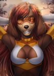  anthro breasts brown_fur canine clothing dog female fur hair looking_at_viewer mammal one_eye_closed open_mouth pose red_hair smile solo teeth wildering 