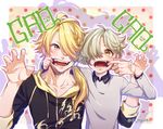  blonde_hair blue_eyes child claw_pose fangs gokotai hair_over_one_eye hiwakana6121 hood hoodie male_focus mouth_pull multiple_boys open_mouth polka_dot polka_dot_background ponytail shishiou touken_ranbu white_hair yellow_eyes 