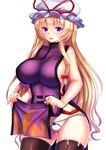  black_legwear blonde_hair bow breasts ebi_193 hair_bow hat kefir large_breasts long_hair looking_at_viewer naked_tabard open_mouth panties purple_eyes revision sideboob smile solo suggestive_fluid tabard thighhighs touhou underwear very_long_hair white_panties yakumo_yukari 