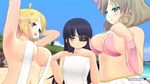  3d 3girls beach bikini black_hair blonde_hair blue_eyes blush breast_envy breasts brown_hair cleavage eyepatch green_eyes haruka_(senran_kagura) looking_at_viewer mirai_(senran_kagura) multiple_girls red_eyes ryouna_(senran_kagura) senran_kagura sky sling_bikini swimsuit tears wallpaper 