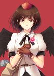  \||/ bad_id bad_pixiv_id bag bird_wings black_hair black_wings brown_gloves cibo_(killy) collared_shirt feathered_wings flower gloves hat holding holding_flower looking_at_viewer newspaper puffy_short_sleeves puffy_sleeves red_background red_eyes serious shameimaru_aya shirt short_hair short_sleeves shoulder_bag simple_background solo tokin_hat touhou upper_body white_shirt wings 