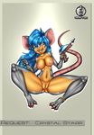  blue_hair breasts female fur hair mammal mouse nipples open_mouth pose pussy rodent simple_background solo teeth vamptod weapon 