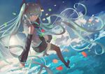  absurdly_long_hair aqua_eyes azomo black_footwear black_legwear boots detached_sleeves full_body green_hair grin hatsune_miku high_heels long_hair skirt smile solo thigh_boots thighhighs twintails very_long_hair vocaloid zettai_ryouiki 