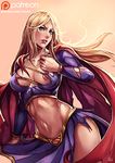  blonde_hair breasts cape dc_comics emblem gradient gradient_background kachima midriff navel nipple_slip nipples skirt solo stomach supergirl superman_(series) torn_clothes 