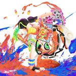  ass bike_shorts commentary_request green_eyes grin handstand headphones inkling long_hair looking_at_viewer orange_hair paint simple_background smile solo splatoon_(series) splatoon_1 tentacle_hair white_background wristband xxzero 