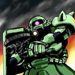  gradient_background gun gundam mecha mobile_suit_gundam no_humans shijou_yukimasa solo weapon zaku zaku_ii 