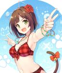  :d animal_ears bell bikini blush bracelet breasts brown_hair cat_ears cat_tail cleavage double_v fang flower front-tie_top green_eyes hair_flower hair_ornament idolmaster idolmaster_cinderella_girls jewelry large_breasts looking_at_viewer maekawa_miku navel necklace open_mouth plaid plaid_bikini red_bikini ribbon senji_(tegone_spike) short_hair smile solo swimsuit tail tail_bell tail_ribbon v v-shaped_eyebrows 